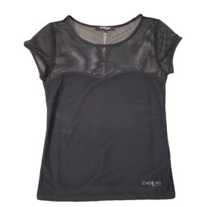 Bebe Sport Women's Black Mesh Short Sleeve‎ Top Reflective Stripe Size Small